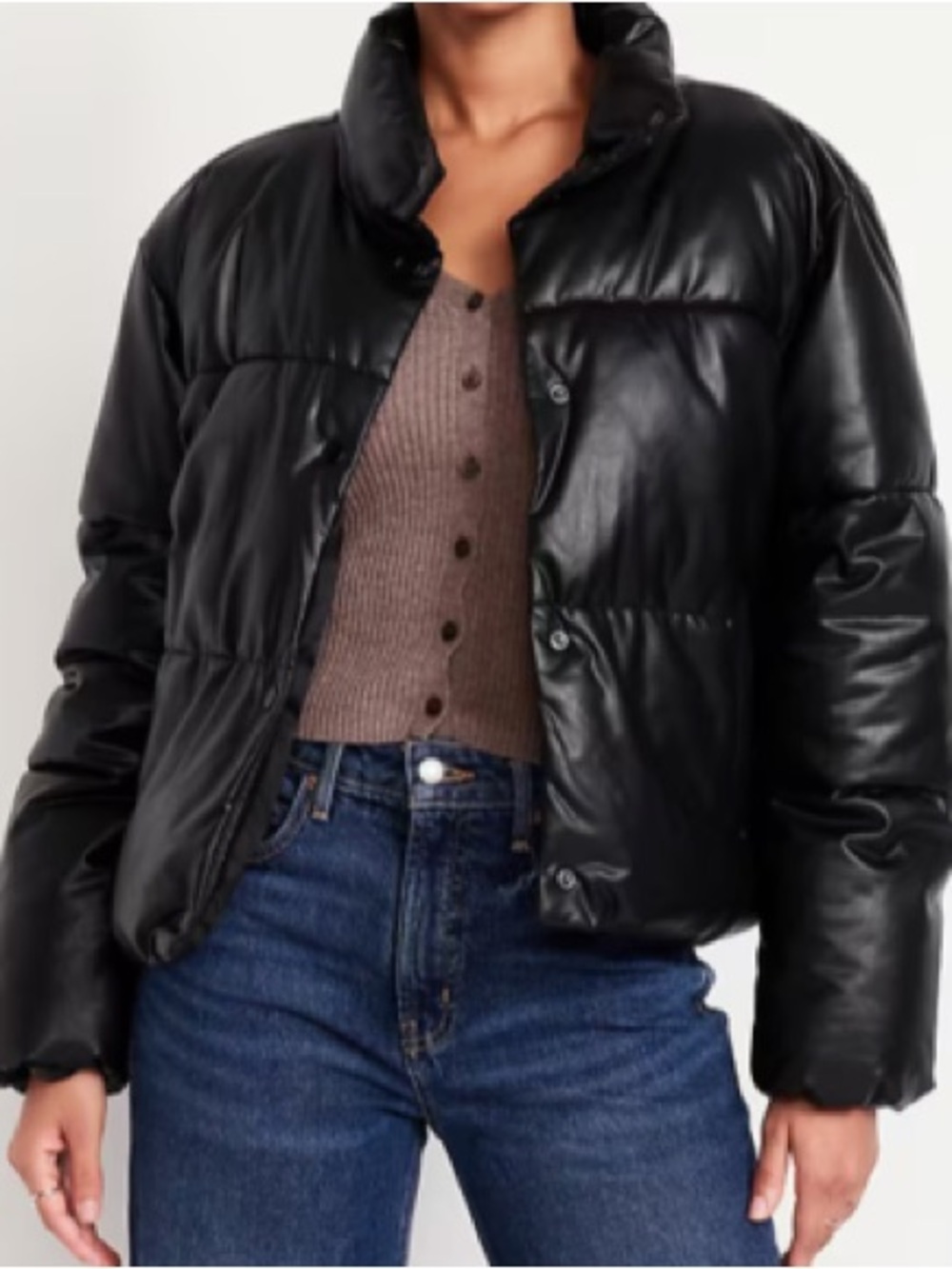 Black - Faux Leather - Puffer Jacket